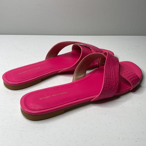 Stuart Weitzman Roza Flat Slide Sandal Pink Croc Embossed Leather 10.5 - Picture 12 of 13